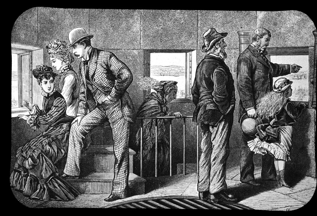 A 19th-century engraving of customers inside a bank
