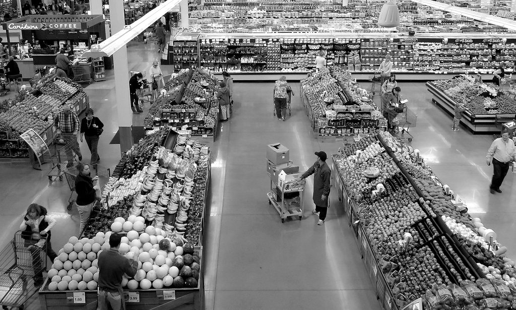 Aerial view of fruit and vegetable aisles in a large supermarket