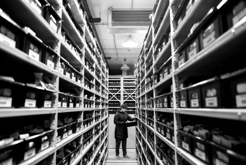 Long rows of shelving inside a cold-storage seed vault