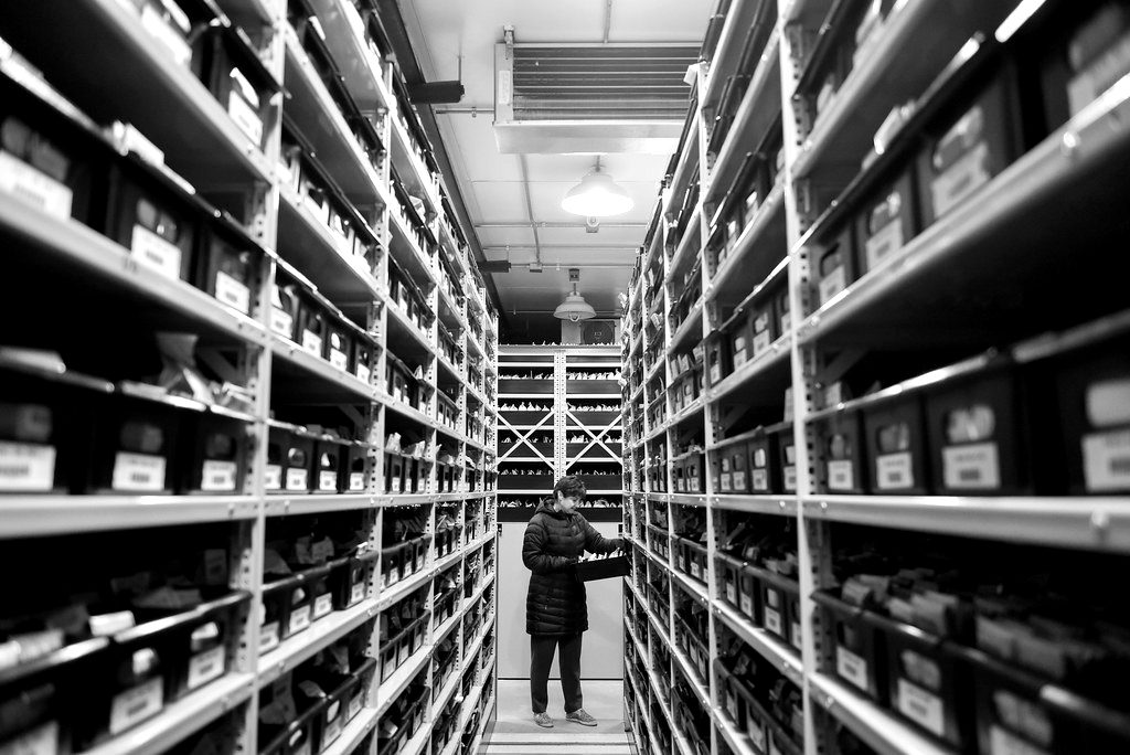 Long rows of shelving inside a cold-storage seed vault