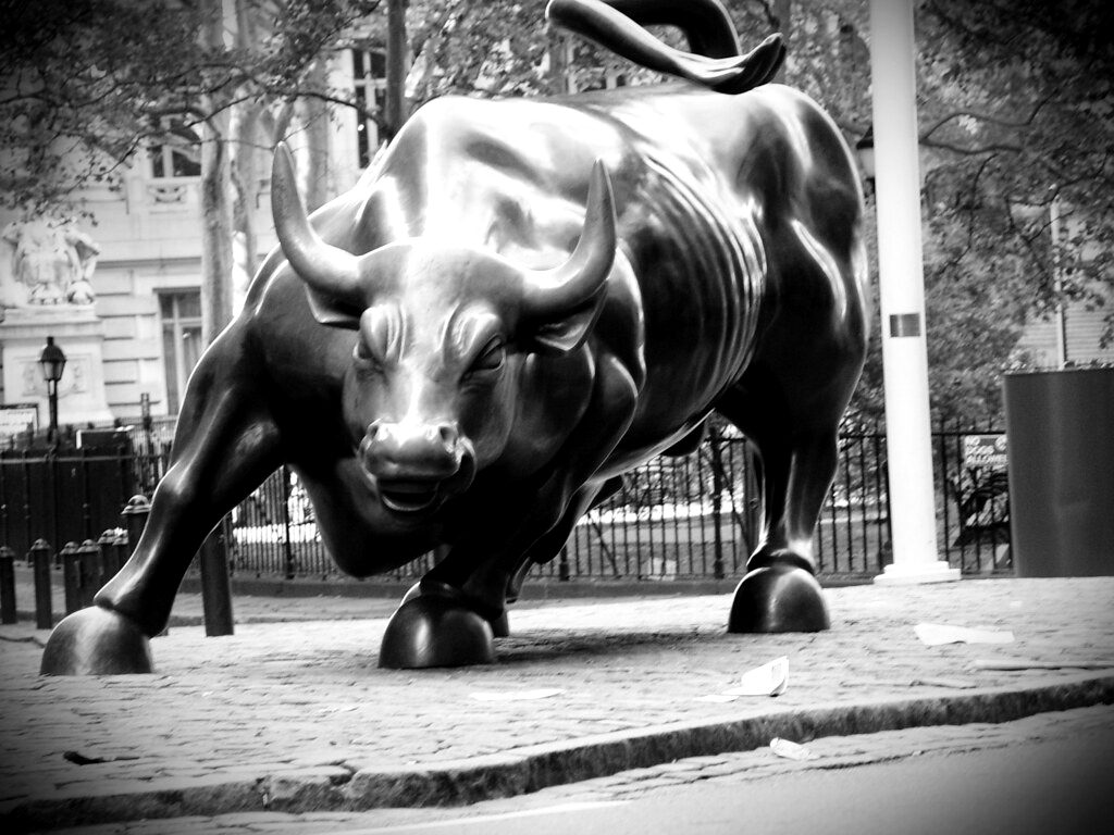 The Charging Bull sculpture near Wall Street, in black and white