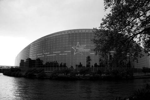 The European Parliament building in Strasbourg at dusk