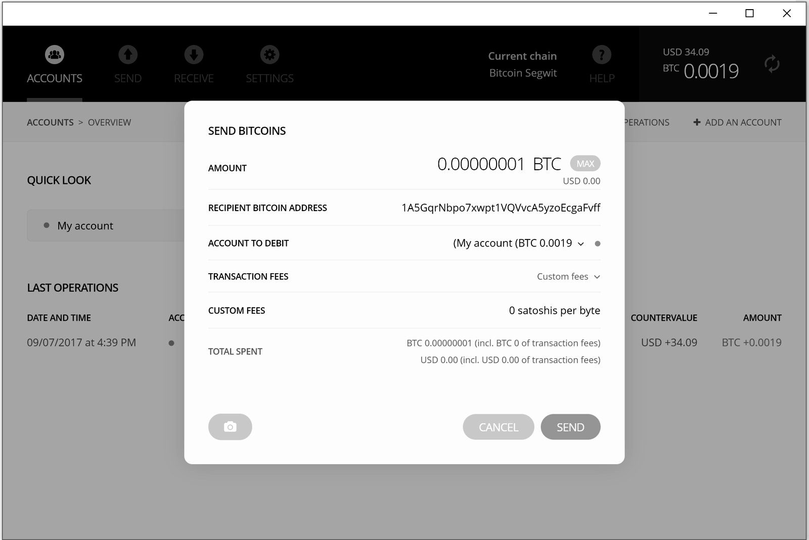 Desktop wallet software showing a screen for sending bitcoin