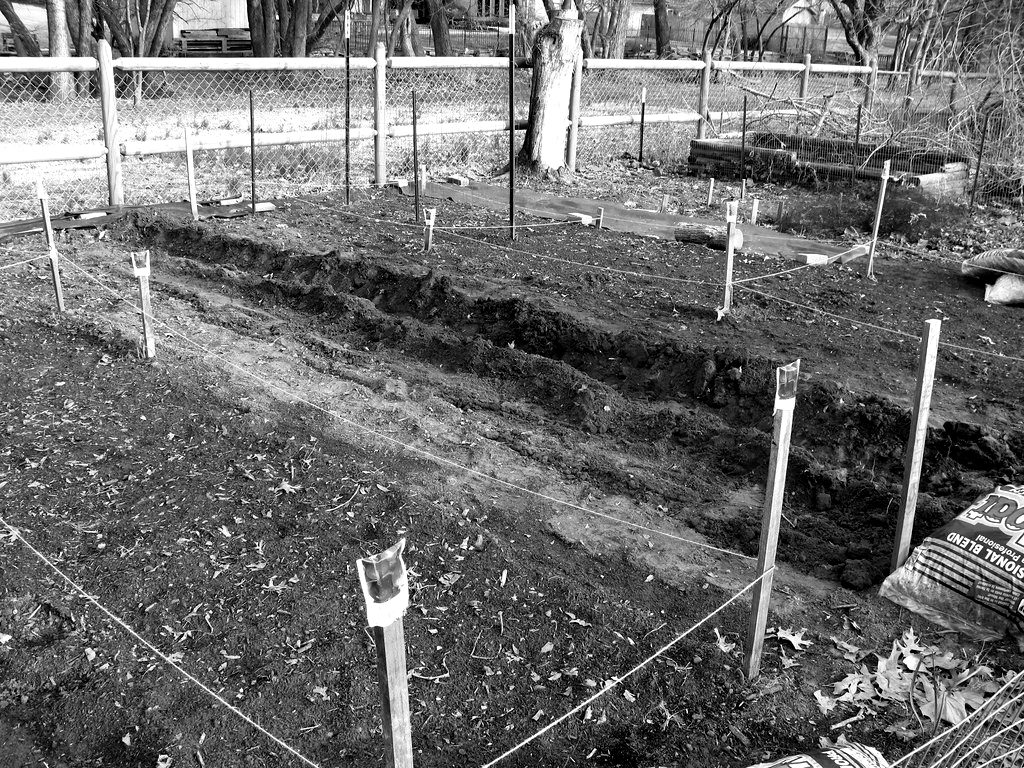 Wooden stakes and string marking out garden plots