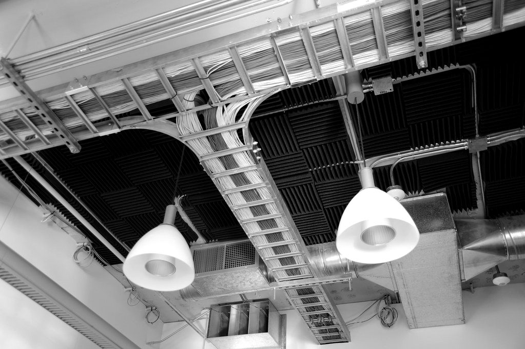 Cable trays carrying network cables across a ceiling